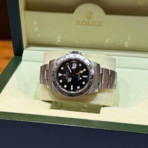 PRE-OWNED ROLEX 216570 MK1 EXPLORER-II ORANGE GMT HAND BLACK DIAL OYSTER BRACELET WITH CERT YEAR 2014