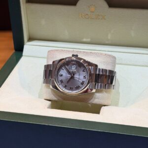 PRE-OWNED ROLEX 116200 DATEJUST-36 SILVER ROM WITH DOMED BEZEL OYSTER SS BRACELET WITH CERT YEAR 2010