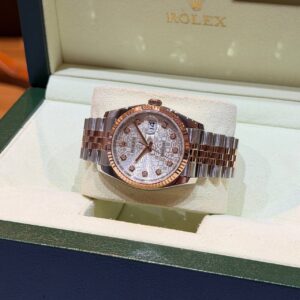 PRE-OWNED ROLEX 116231 DATEJUST-36 SILVER COMPUTER DIAMONDS DIAL HALF ROSE GOLD BRACELET WITH CERT YEAR 2016