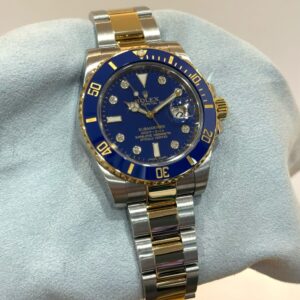 PRE-OWNED ROLEX 116613LB BLUESSY SUBMARINER-DATE HALF GOLD STAINLESS STEEL BRACELET WITH CERT YEAR 2014