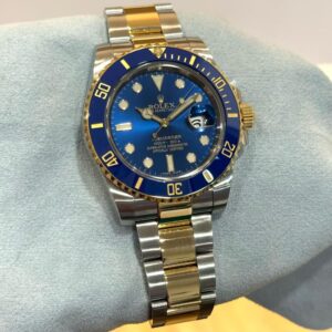 PRE-OWNED ROLEX 116613LB BLUESSY SUBMARINER-DATE HALF GOLD STAINLESS STEEL BRACELET WITH CERT YEAR 2014