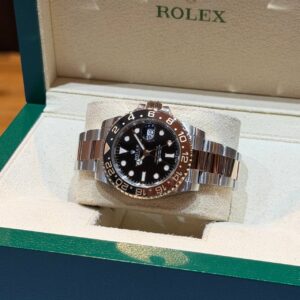 PRE-OWNED ROLEX 126711CHNR GMT-MASTER II ROOTBEER BLACK DIAL OYSTER HALF GOLD STAINLESS STEEL BRACELET WITH CERT YEAR 2020