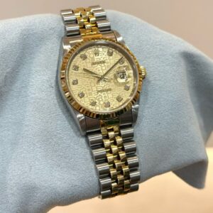 PRE-OWNED ROLEX 16233 DATEJUST-36 CHAMPAGNE COMPUTER DIAL JUBILEE GOLD STAINLESS STEEL BRACELET