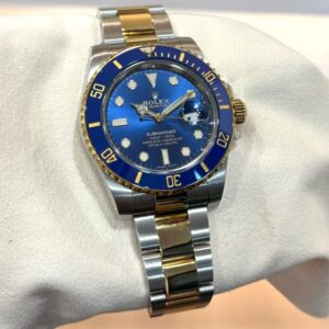 PRE-OWNED ROLEX 116613LB BLUESY SUBMARINER-DATE GOLD STAINLESS STEEL BRACELET WITH CERT YEAR 2017