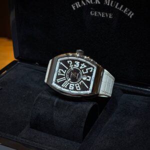 PREOWNED FRANCK MULLER VANGUARD V45 SC DT AC GL BLACK DIAL WHITE LEATHER STRAP