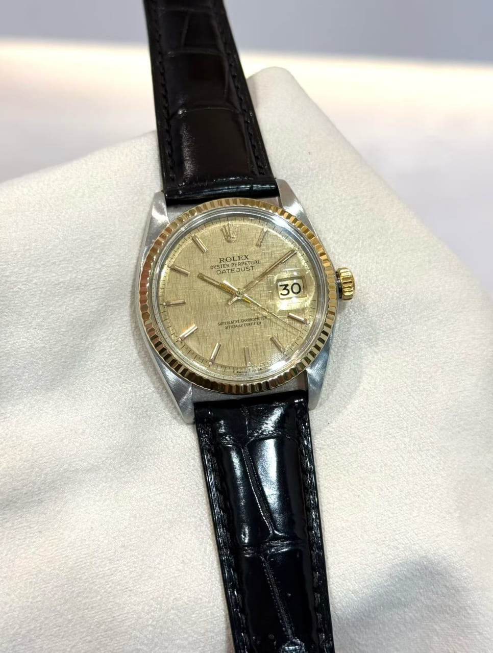 Used 1601 Datejust-36 Watch Head Only YG Dial, Black Leather Strap, NA